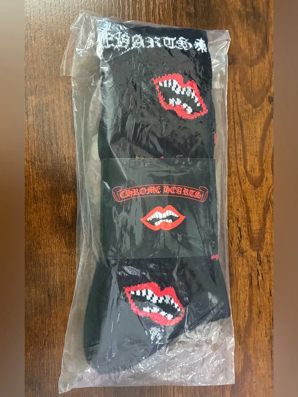 Chrome Hearts Chomper Black Graphic Crew Socks with Red & White Lip Motif